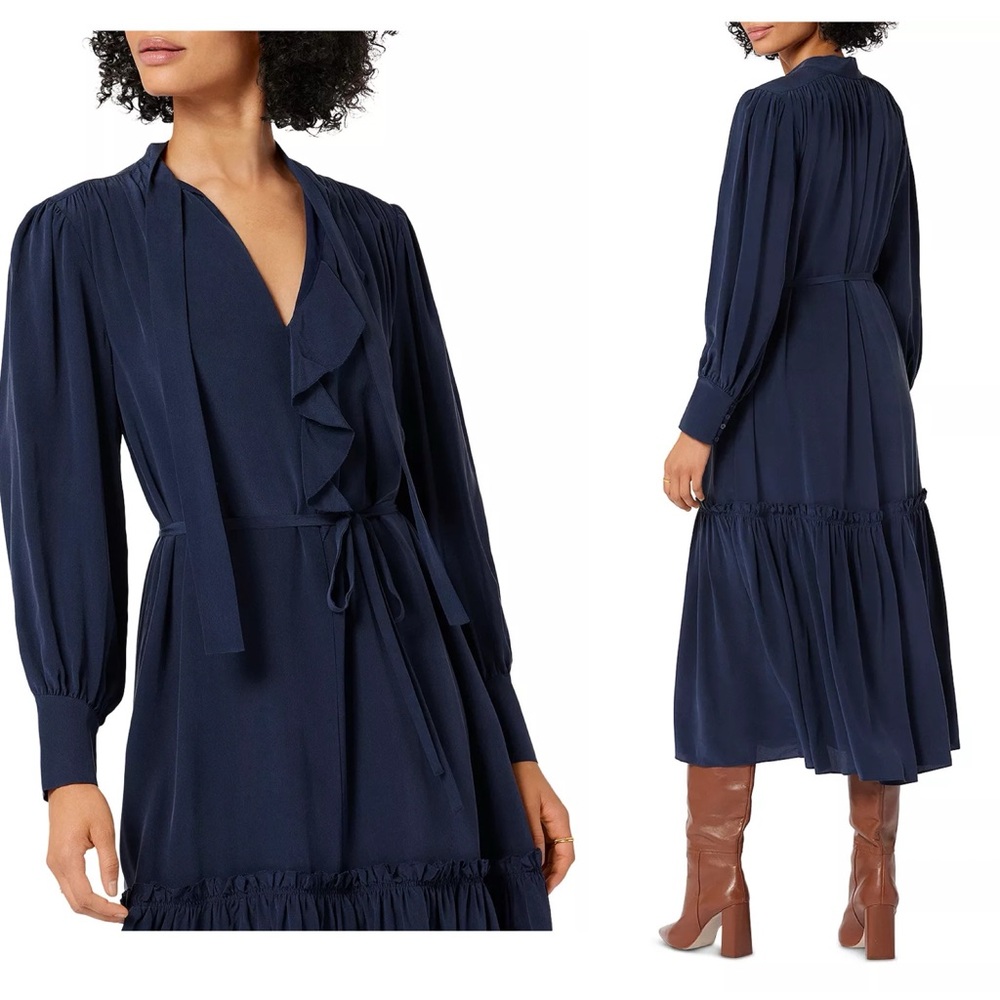 Joie Roussel Ruched Ruffle-Trim Midi Dress in Peacoat
